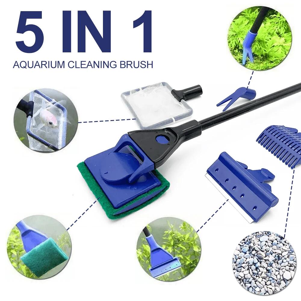 Aquarium Plant Gravel - 5in1 水族館クリーニングツール植物フォークスプーンネットスポンジブラシ砂利熊手藻スクレーパー